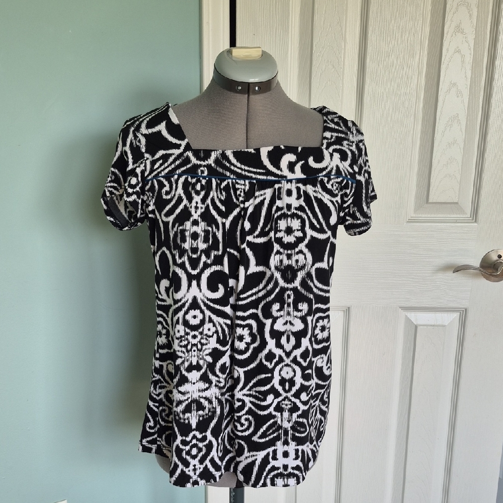 Susan Lawrence Black and White Square-Neck Patterned Short Sleeve Top Size M